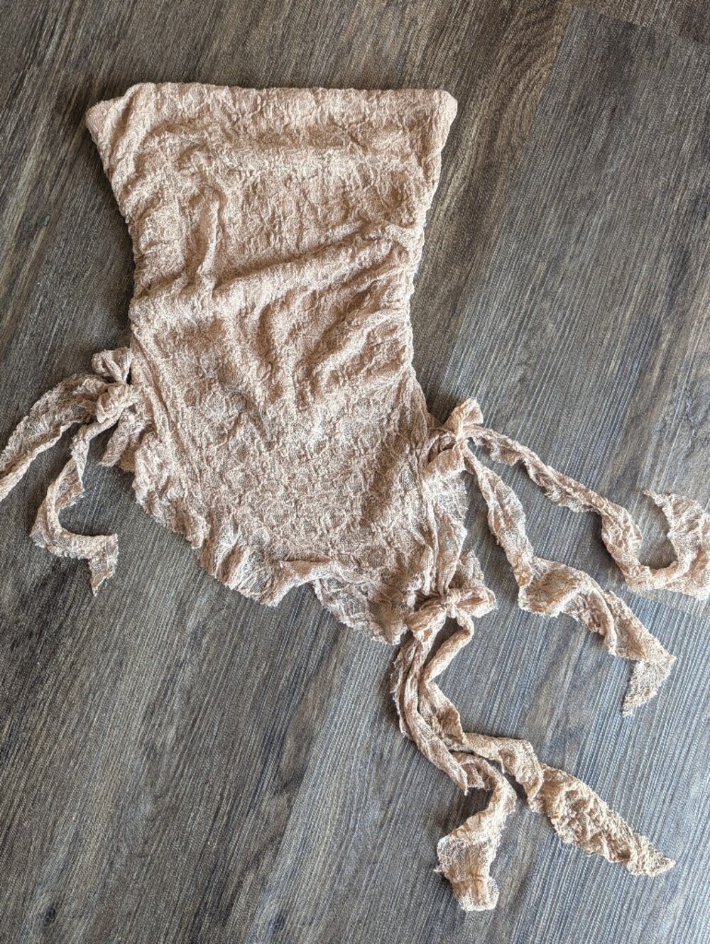 Thirty Thirty LA Lace Bandeau Ruched Side Cascading Ruffle Hem Nude/Beige
